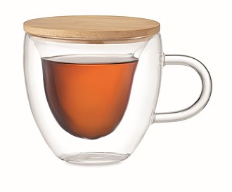 Skleněný hrnek, dvoustěnný s bambusovým víčkem, 180ml