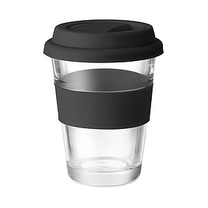 Skleněný hrnek se silikonovým víčkem a kroužkem, 350ml, černá - reklamní hrnky