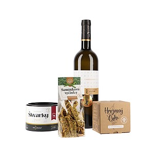 ŠKORCEM Dárková sada vína Chardonnay, semínkových tyčinek, vepřových škvarků a hroznového cukru - reklamní předměty