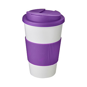 Termohrnek Americano® 350 ml s rukojetí a uzávěrem odolným proti rozlití - Bílá / Purpurová - reklamní předměty