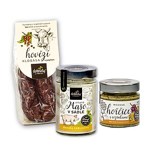 TRHOSAD Dárková sada trhaného vepřového masa, medové hořčice a hovězí klobásy s pepřem