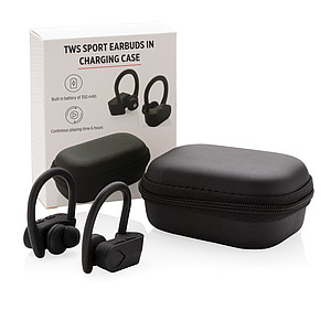 TWS sportovní sluchátka v nabíjecí krabičce, černá