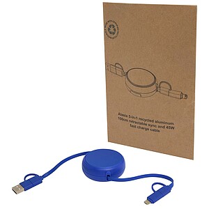 Vysouvací datový synchronizační a rychlonabíjecí 45W kabel 5 v 1 o délce 100 cm z recyklovaného plastu a hliníku, královská modrá