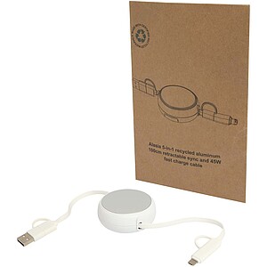 Vysouvací datový synchronizační a rychlonabíjecí 45W kabel 5 v 1 o délce 100 cm z recyklovaného plastu a hliníku, stříbrný - reklamní předměty