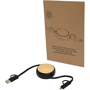 Vysouvací datový synchronizační a rychlonabíjecí 45W kabel 5 v 1 z recyklovaného plastu o délce 100 cm s bambusovými detaily, černá - reklamní předměty