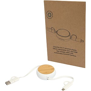 Vysouvací rychlonabíjecí datový kabel 5 v 1, 45W, 100 cm, recyklovaný plast a bambus, bílá - reklamní předměty