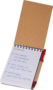 Zápisníček s kroužkovou vazbou, linkovanými listy a propiskou, červená